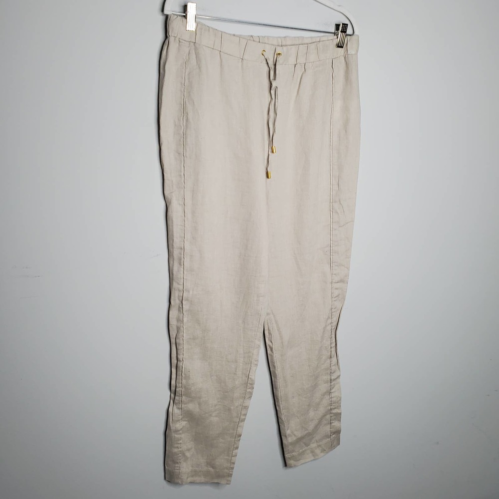 ELLEN TRACY Cream 100% Linen Drawstring Jogger Pants Sz Medium M - Picture 2 of 7